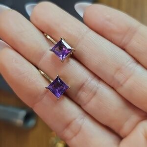 Gold Drop Earrings with Purple Square Gemstones